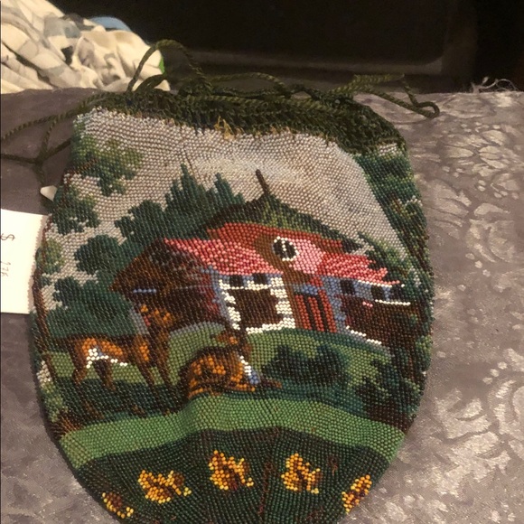 Vintage Handbags - Vintage Beaded Scenic Drawstring Pouch - Green, Red, Brown